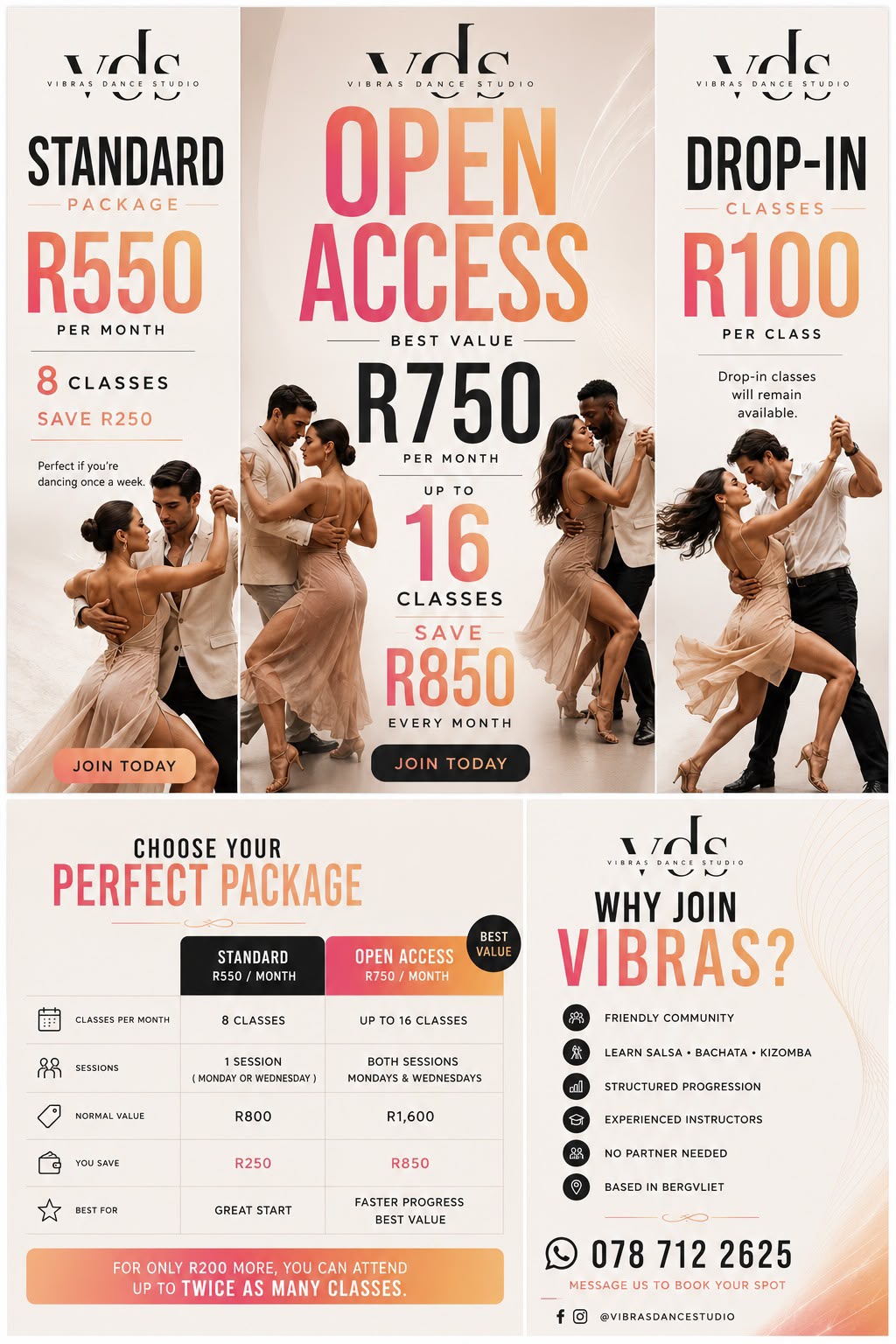 Vibras Dance Studio monthly package prices: Standard R550, Open Access R750 and drop-in R100